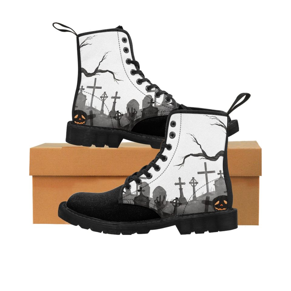 Women's Halloween Canvas Boots - Graveyard Design, Trendy & Comfortable, Perfect Fall Fashion