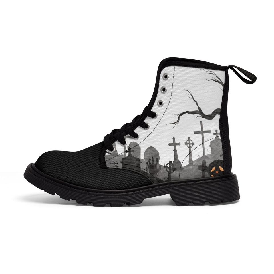 Women's Halloween Canvas Boots - Graveyard Design, Trendy & Comfortable, Perfect Fall Fashion