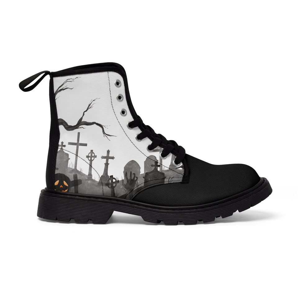 Women's Halloween Canvas Boots - Graveyard Design, Trendy & Comfortable, Perfect Fall Fashion
