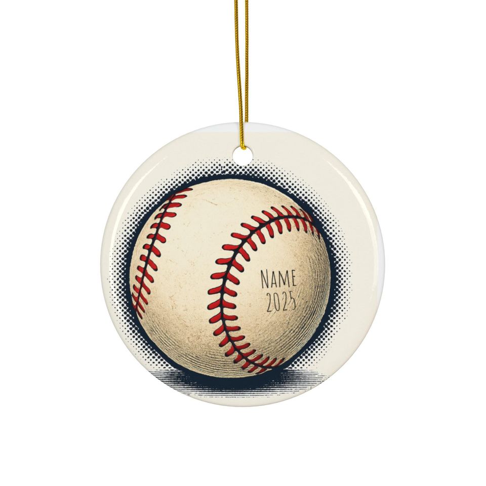 Vintage Baseball Ceramic Ornament | Round Holiday Keepsake (personalize)