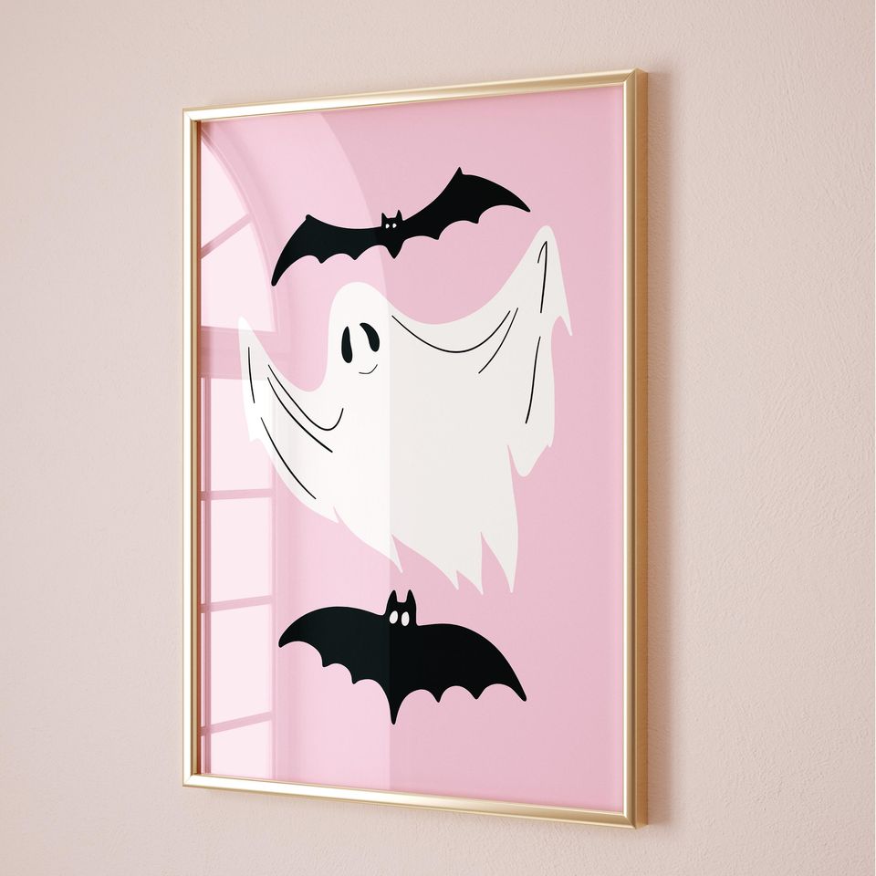 Pink Ghost Wall Art Print, Pinkoween Decor, Trendy Preppy Room Decor