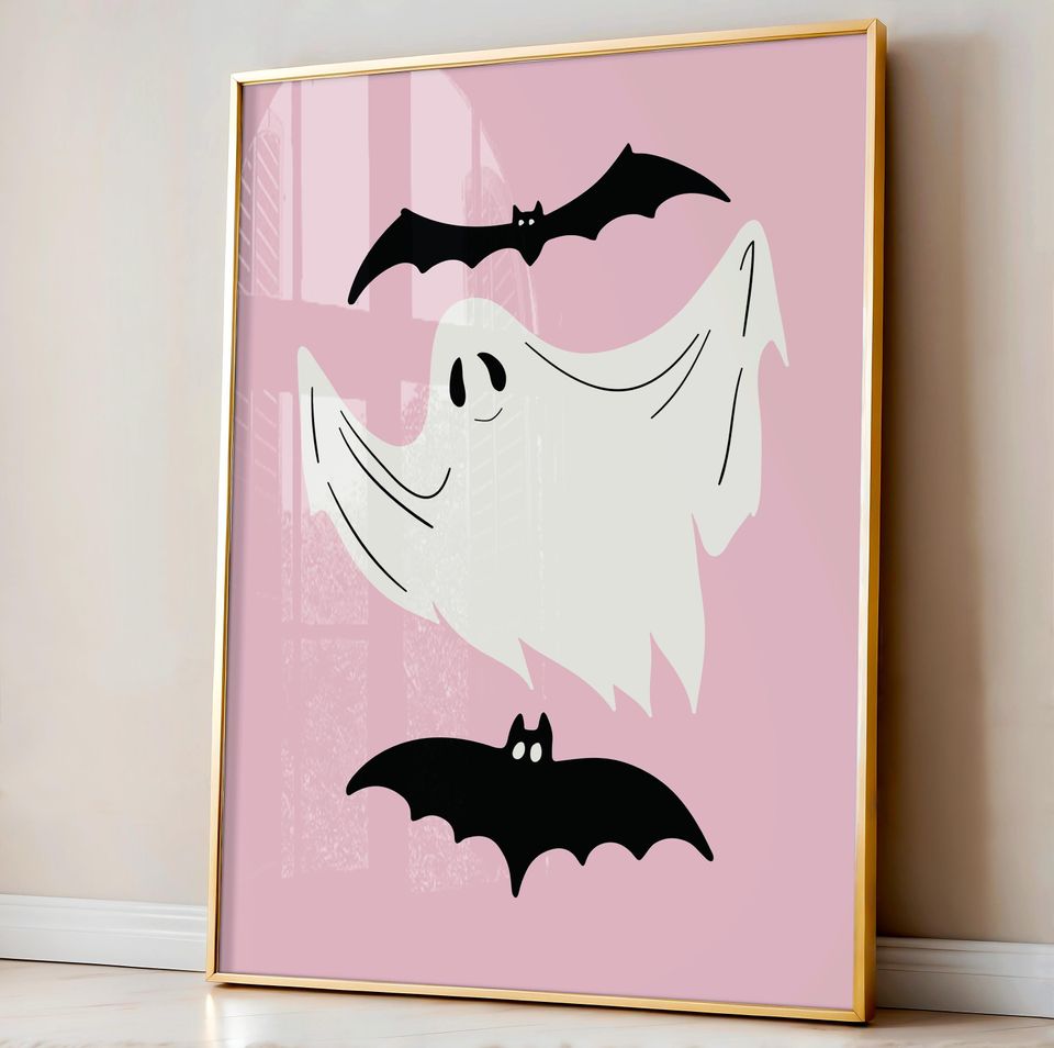 Pink Ghost Wall Art Print, Pinkoween Decor, Trendy Preppy Room Decor