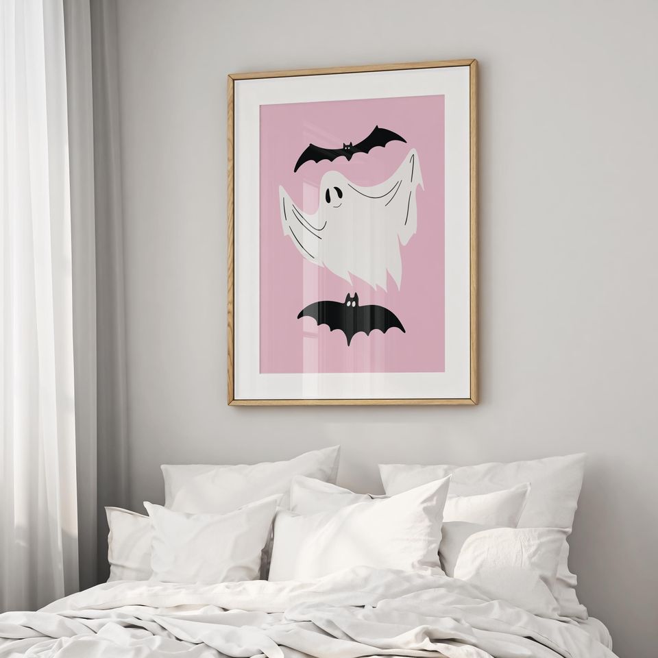 Pink Ghost Wall Art Print, Pinkoween Decor, Trendy Preppy Room Decor
