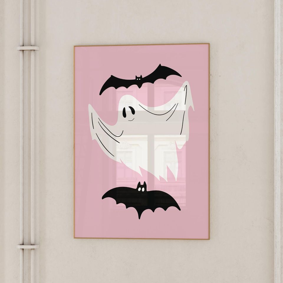 Pink Ghost Wall Art Print, Pinkoween Decor, Trendy Preppy Room Decor