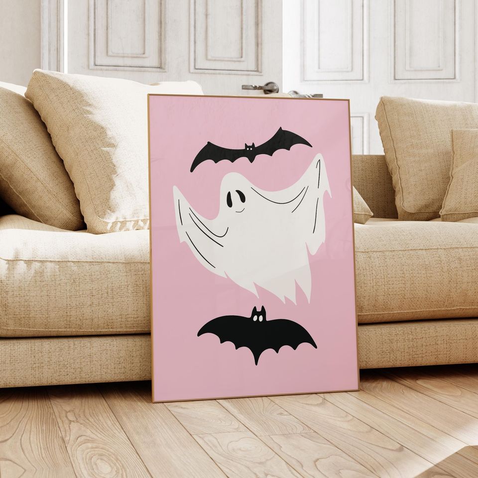 Pink Ghost Wall Art Print, Pinkoween Decor, Trendy Preppy Room Decor