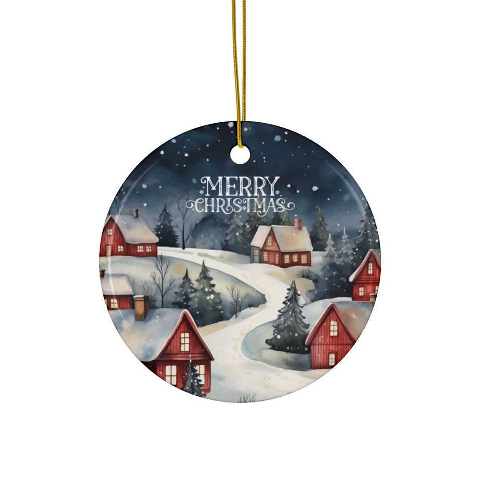 Personalized Ceramic Christmas Ornament, Snowy Village Keepsake