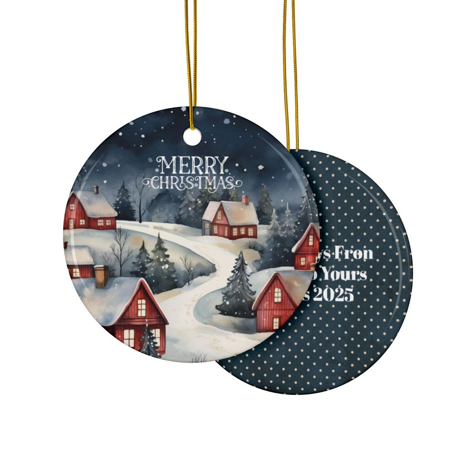 Personalized Ceramic Christmas Ornament, Snowy Village Keepsake