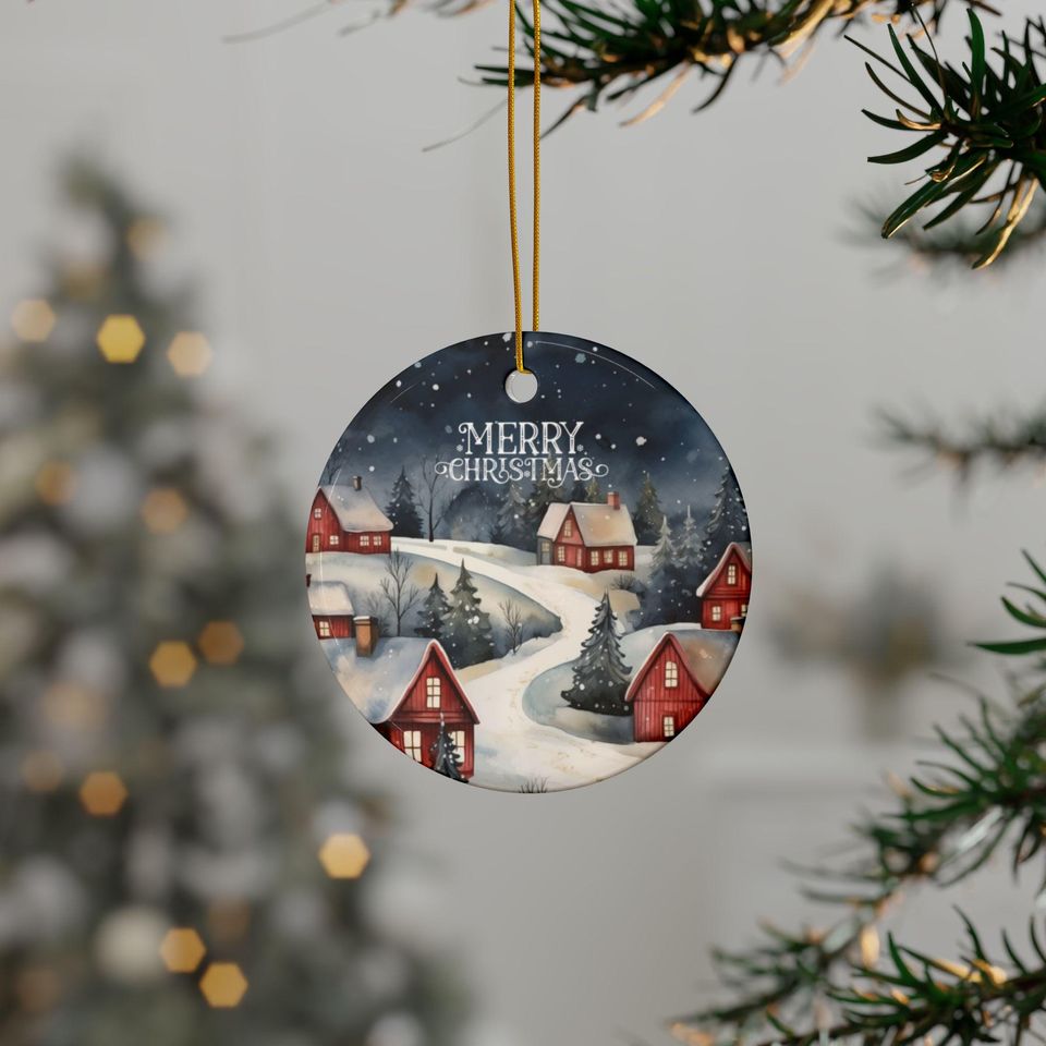 Personalized Ceramic Christmas Ornament, Snowy Village Keepsake