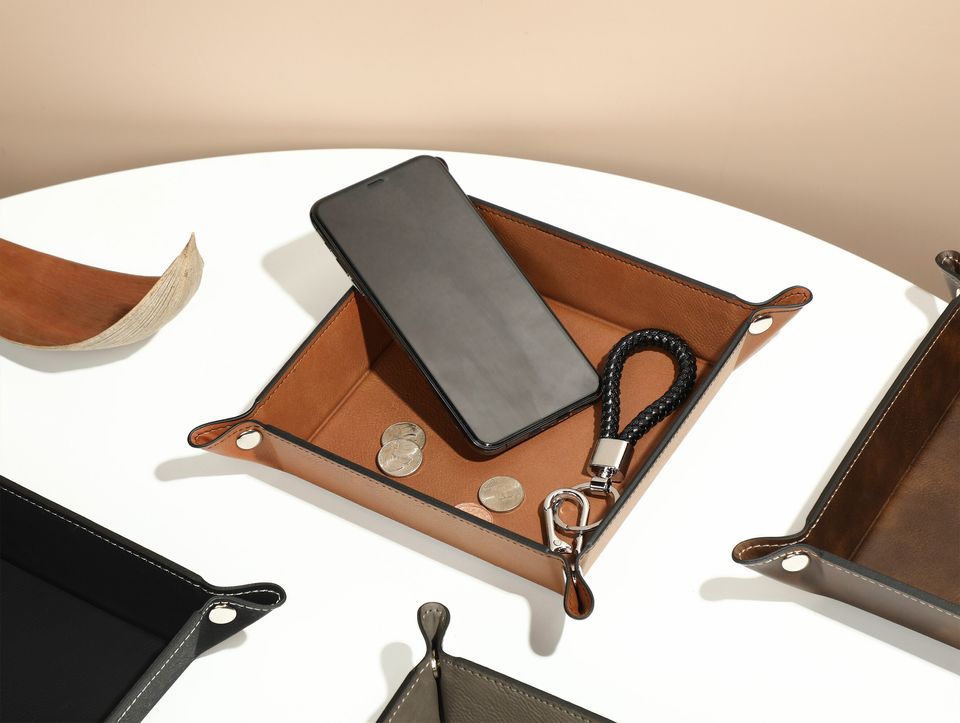 Personalized Leather Valet Tray, Small leather trinket trays, Foldable Leather Valet Tray