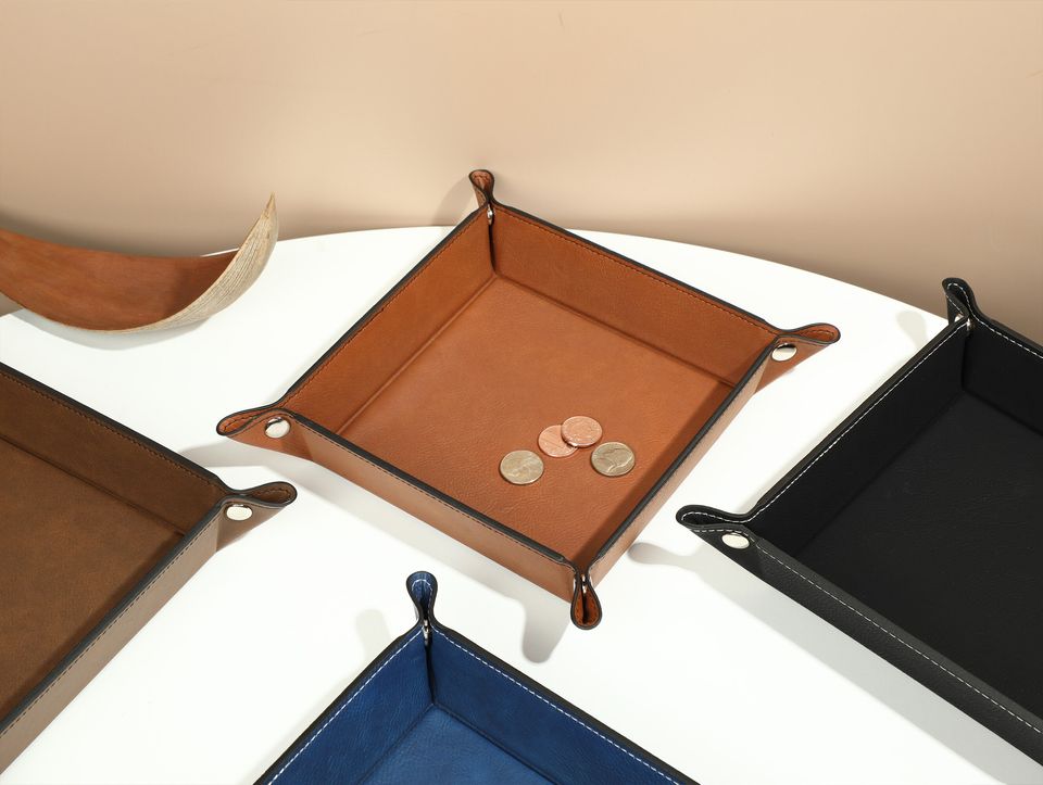 Personalized Leather Valet Tray, Small leather trinket trays, Foldable Leather Valet Tray