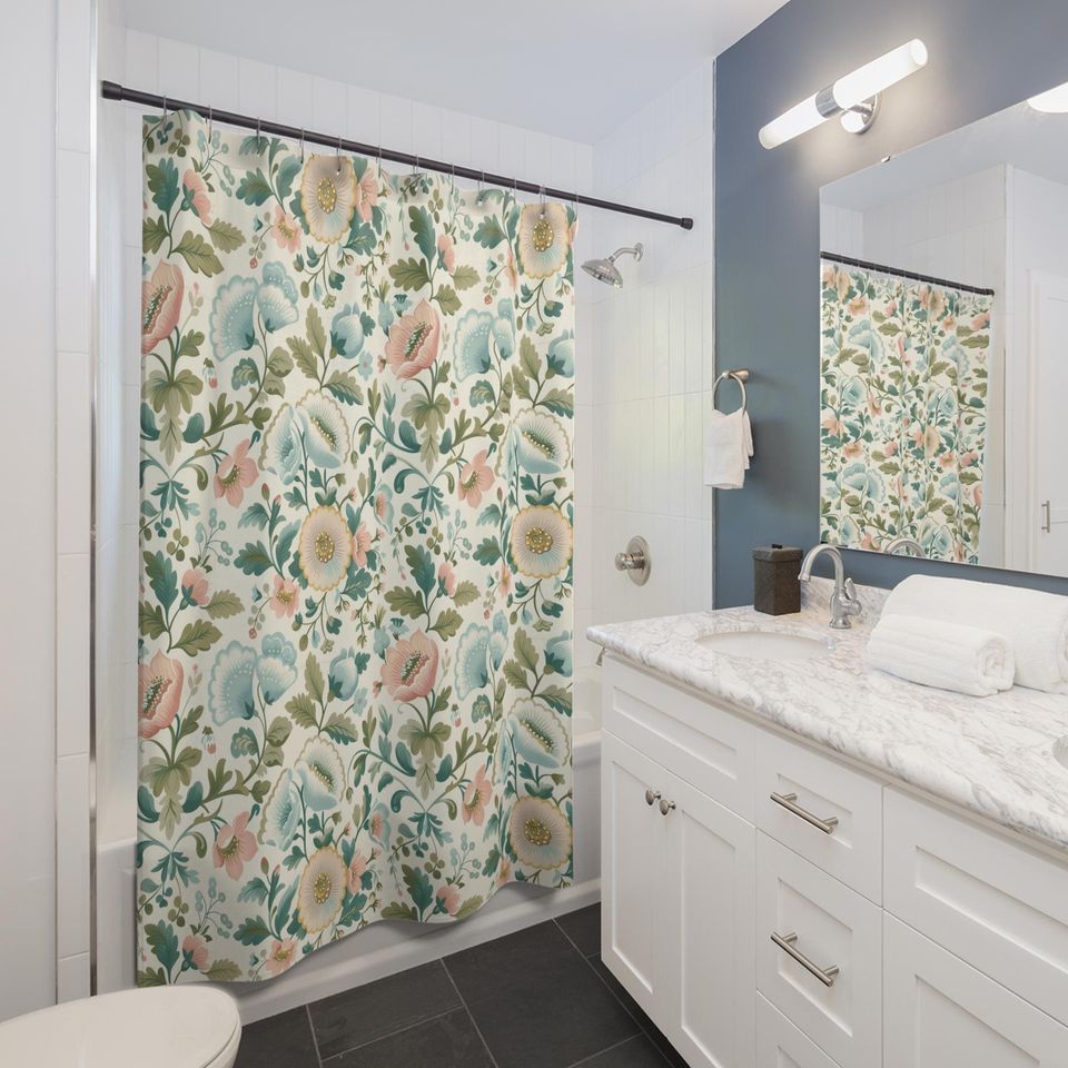 Floral Pastel Shower Curtain with Provencal Motif in Muted Blue Green - Granny Chic Cottagecore Farmhouse Decor