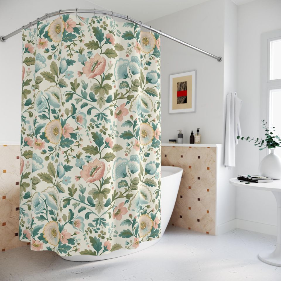 Floral Pastel Shower Curtain with Provencal Motif in Muted Blue Green - Granny Chic Cottagecore Farmhouse Decor
