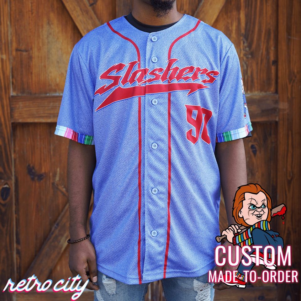 Chucky Childs Play Slasher  Full-Button Halloween Baseball Jersey *CUSTOM*