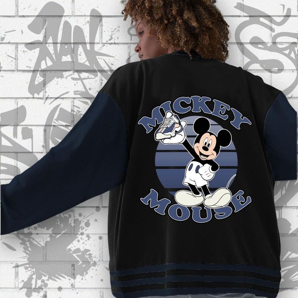 Custom Disney Mickey Mouse Diffused Blue Varsity Jacket, Mickey Mouse Baseball Jacket