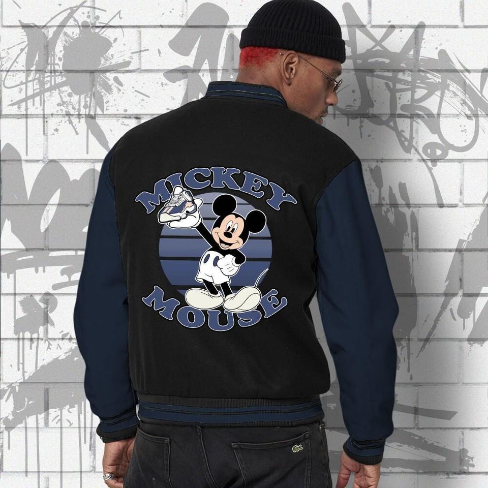 Custom Disney Mickey Mouse Diffused Blue Varsity Jacket, Mickey Mouse Baseball Jacket