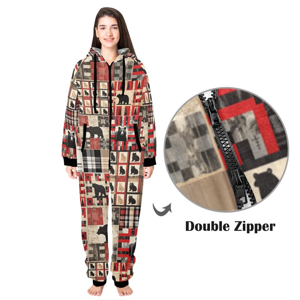 Flannel Bear Hooded Onesie: Rustic Lodge Pajamas