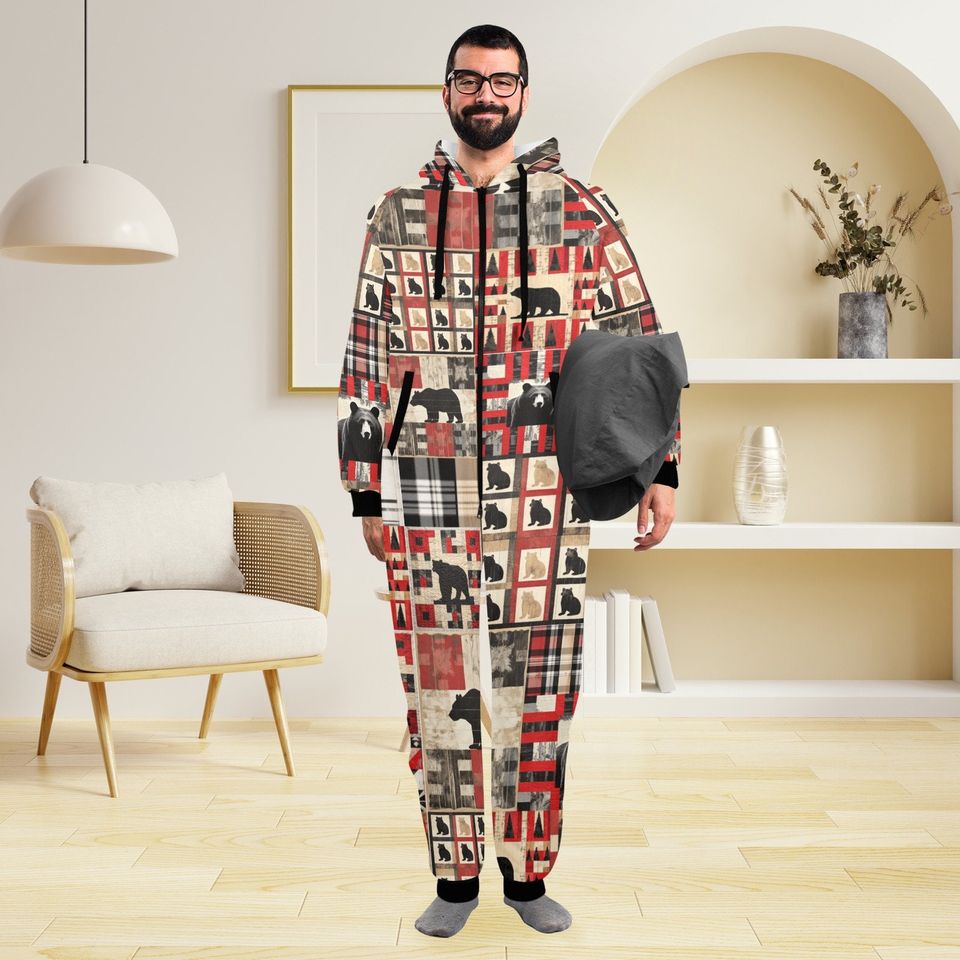 Flannel Bear Hooded Onesie: Rustic Lodge Pajamas