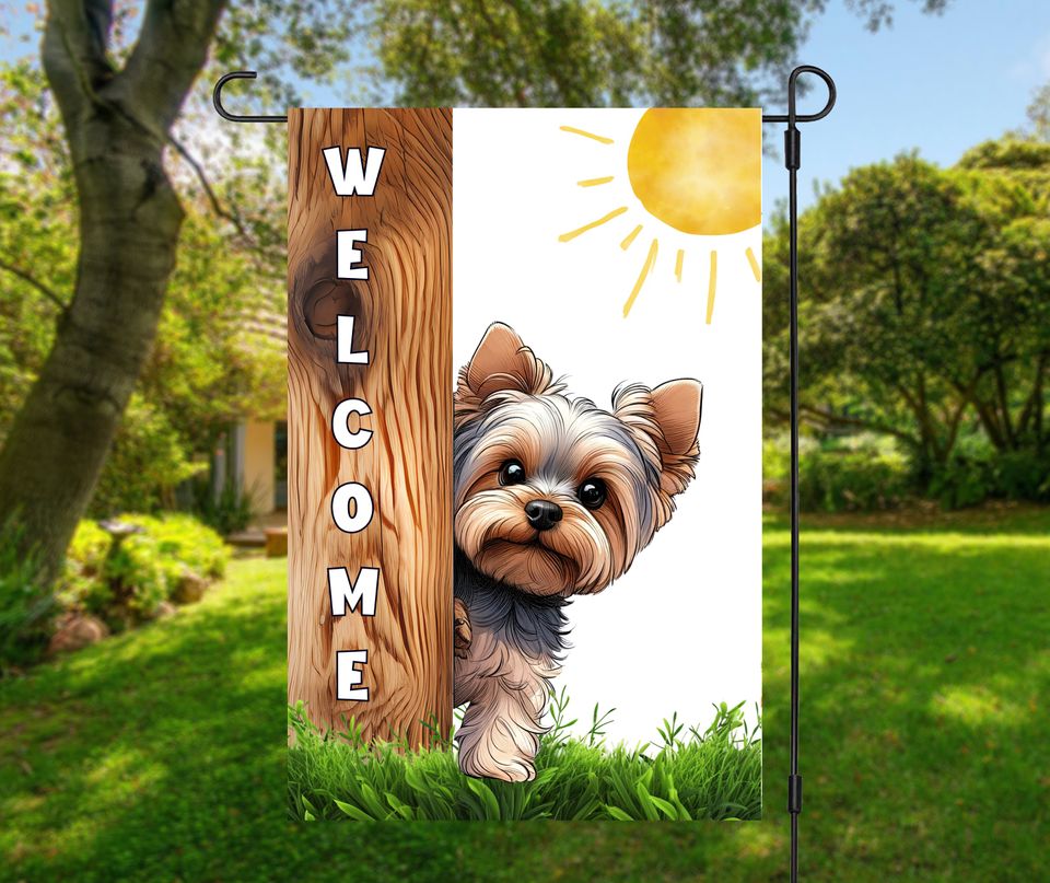 Welcome peeking Yorkie dog garden flag