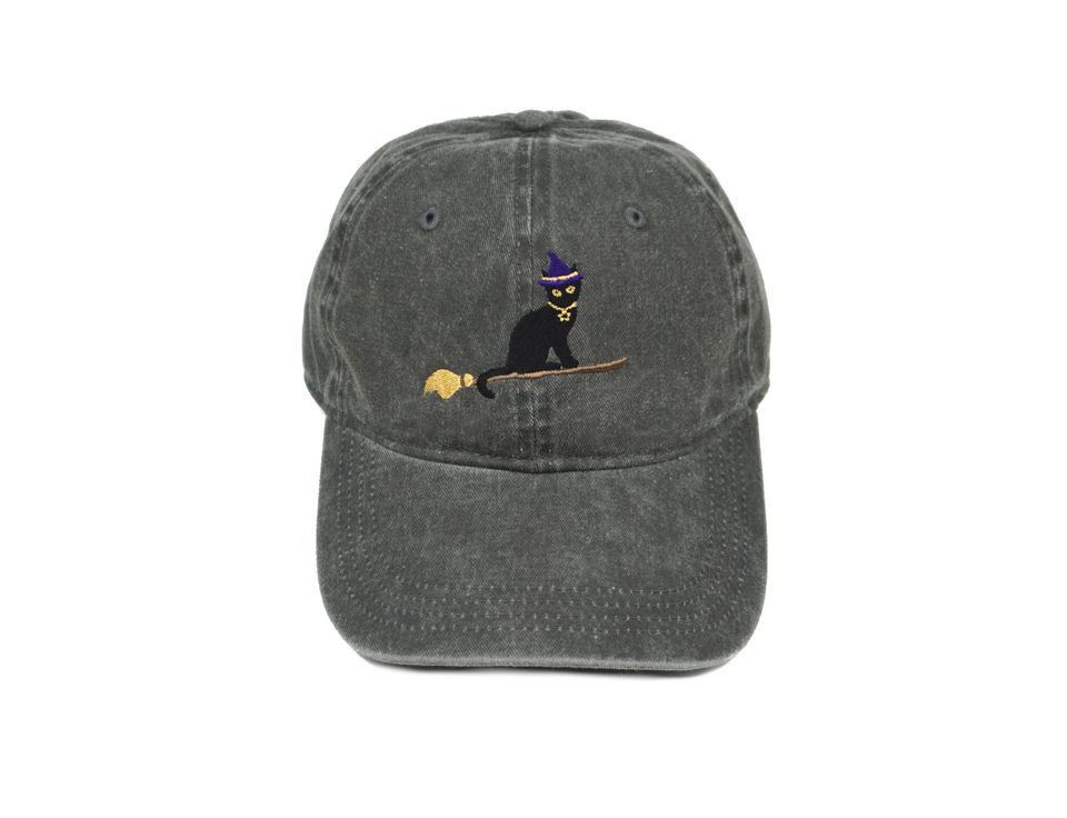 Witch Cat Hat, Embroidered Halloween Hat, Adjustable Cotton Twill