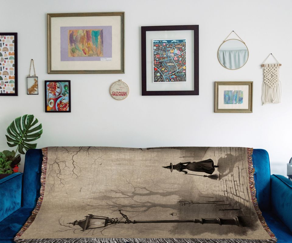 Witchy Walk Woven Throw Blanket: Dark Cottagecore Halloween Decor
