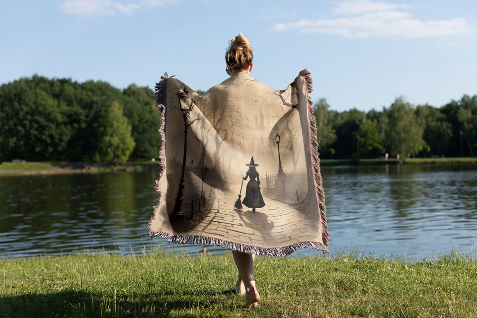 Witchy Walk Woven Throw Blanket: Dark Cottagecore Halloween Decor