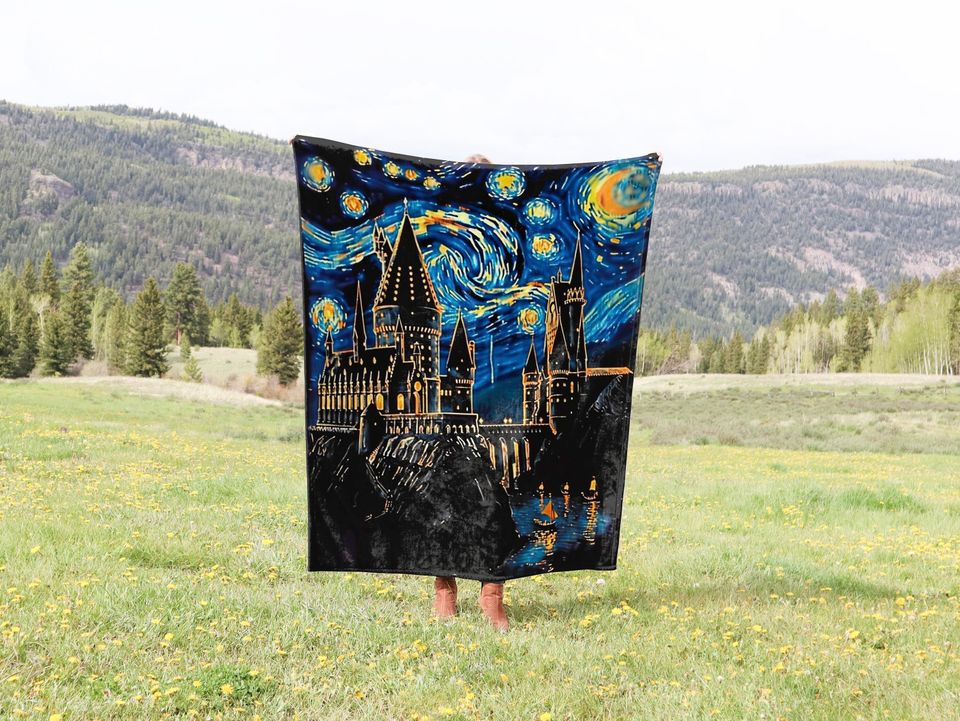Wizard Castle Woven Throw Blanket | Personalized Starry Night Whimsical Tapestry with Name, Dark Academia Book Nook Decor for Fantasy Lovers