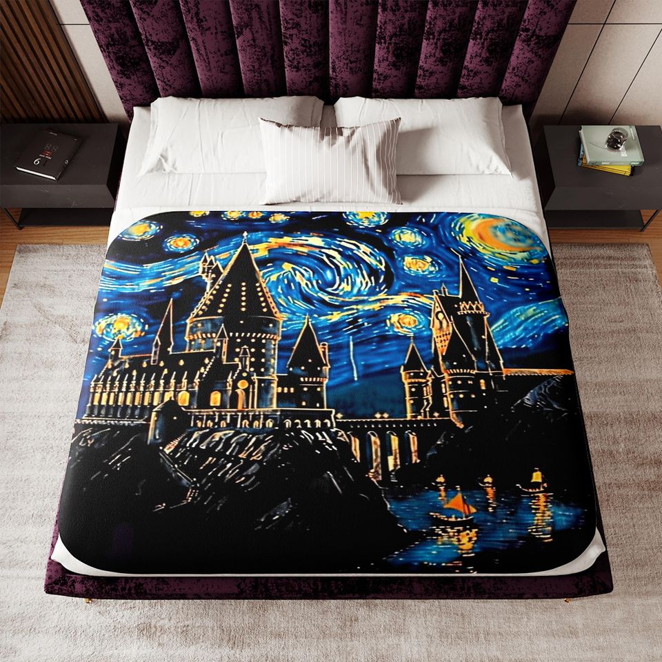 Wizard Castle Woven Throw Blanket | Personalized Starry Night Whimsical Tapestry with Name, Dark Academia Book Nook Decor for Fantasy Lovers