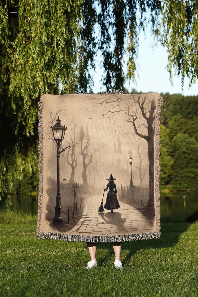 Witchy Walk Woven Throw Blanket: Dark Cottagecore Halloween Decor