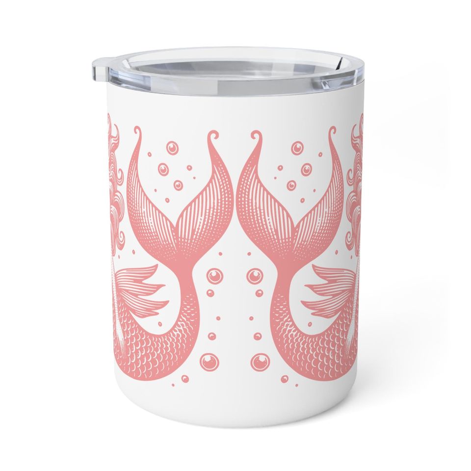 Pink Mermaids 10oz Insulated Coffee Mug, Lidded Ocean Lover Gift