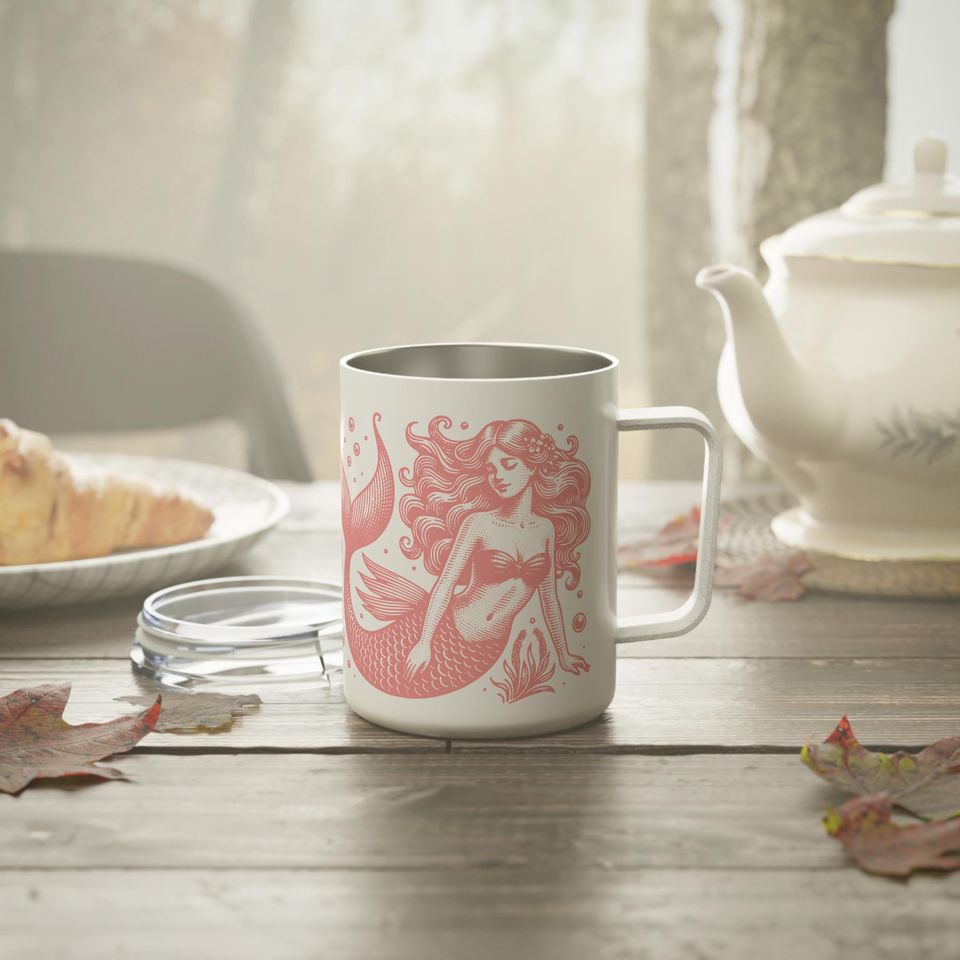 Pink Mermaids 10oz Insulated Coffee Mug, Lidded Ocean Lover Gift