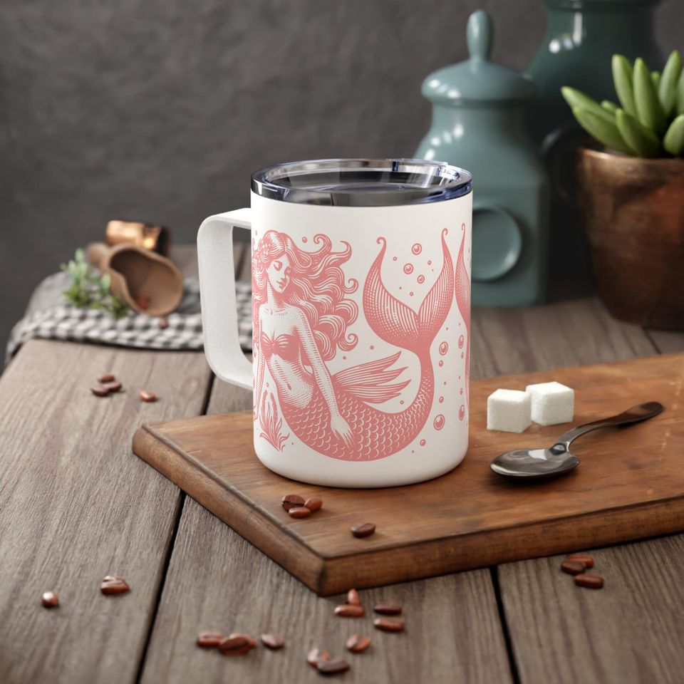 Pink Mermaids 10oz Insulated Coffee Mug, Lidded Ocean Lover Gift