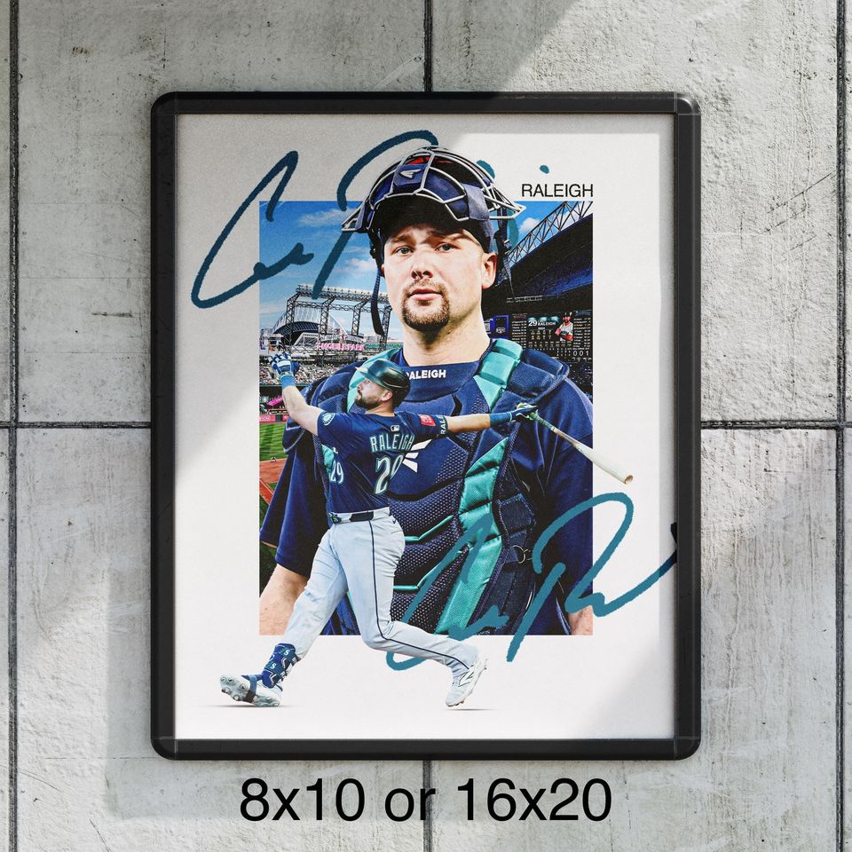 Cal Raleigh Seattle Mariners Baseball Poster, Sports Wall Decor Print