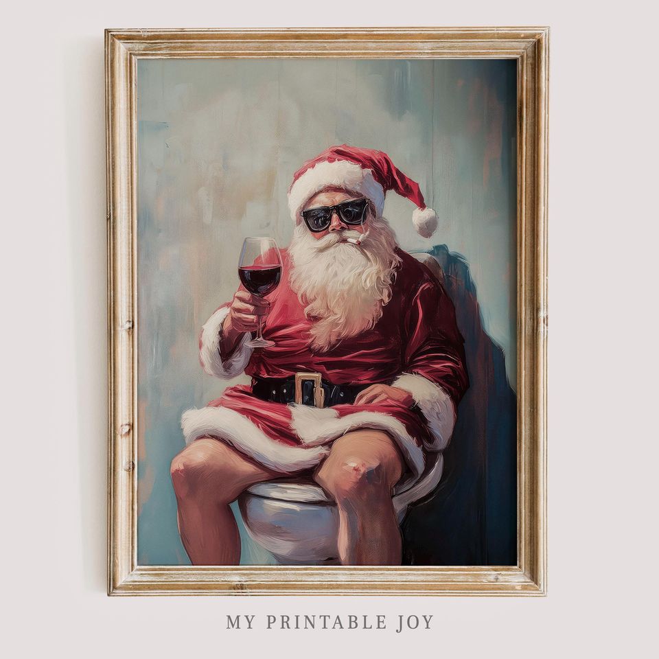Funny Bathroom Santa Wall Art, Holiday Decor for Wine Lovers, Vertical Christmas Poster