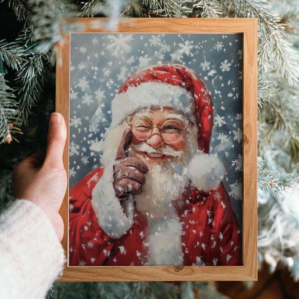 Santa Claus Winking Snowy Christmas Art Festive Holiday Wall Decor Winter Santa Claus Print Christmas Decoration