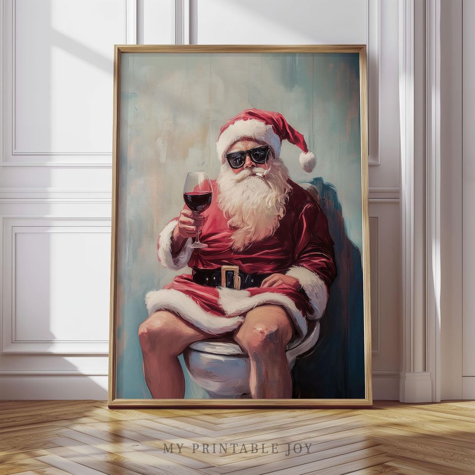 Funny Bathroom Santa Wall Art, Holiday Decor for Wine Lovers, Vertical Christmas Poster