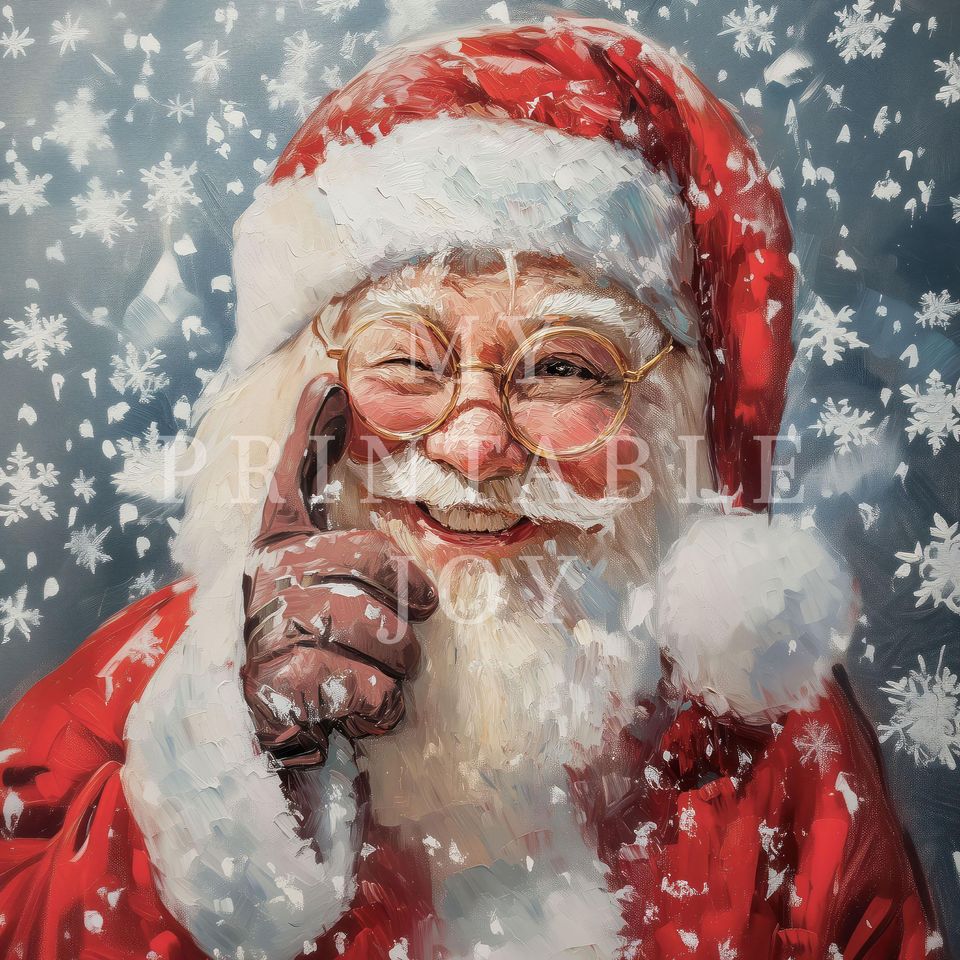 Santa Claus Winking Snowy Christmas Art Festive Holiday Wall Decor Winter Santa Claus Print Christmas Decoration