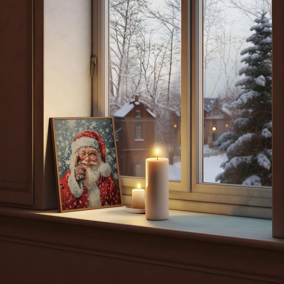 Santa Claus Winking Snowy Christmas Art Festive Holiday Wall Decor Winter Santa Claus Print Christmas Decoration