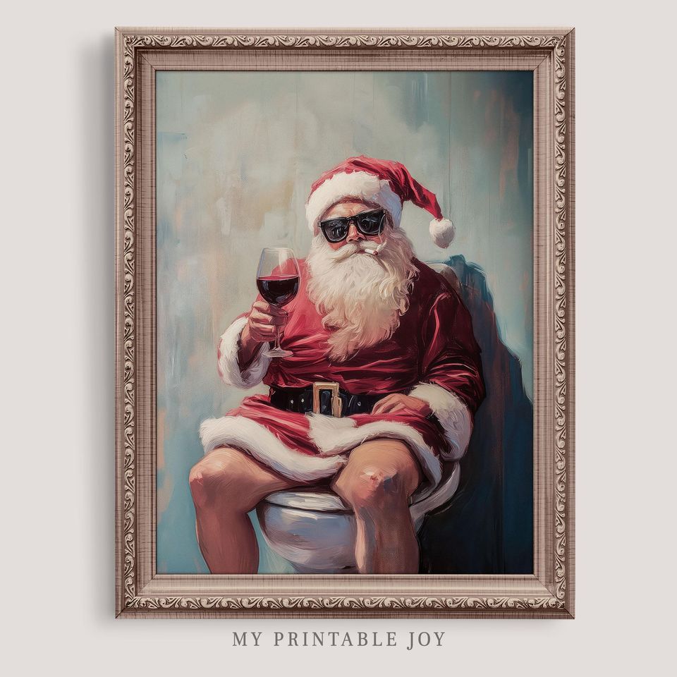 Funny Bathroom Santa Wall Art, Holiday Decor for Wine Lovers, Vertical Christmas Poster