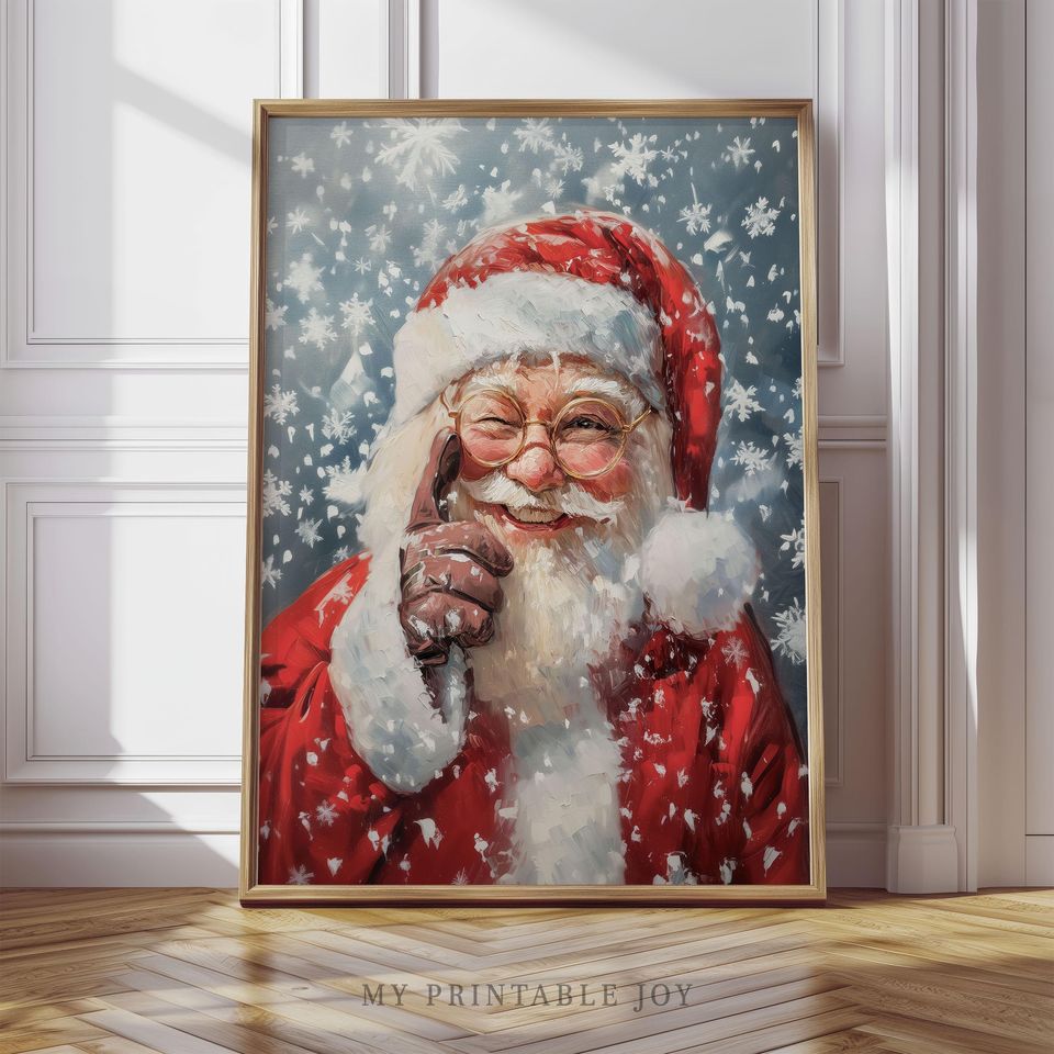 Santa Claus Winking Snowy Christmas Art Festive Holiday Wall Decor Winter Santa Claus Print Christmas Decoration