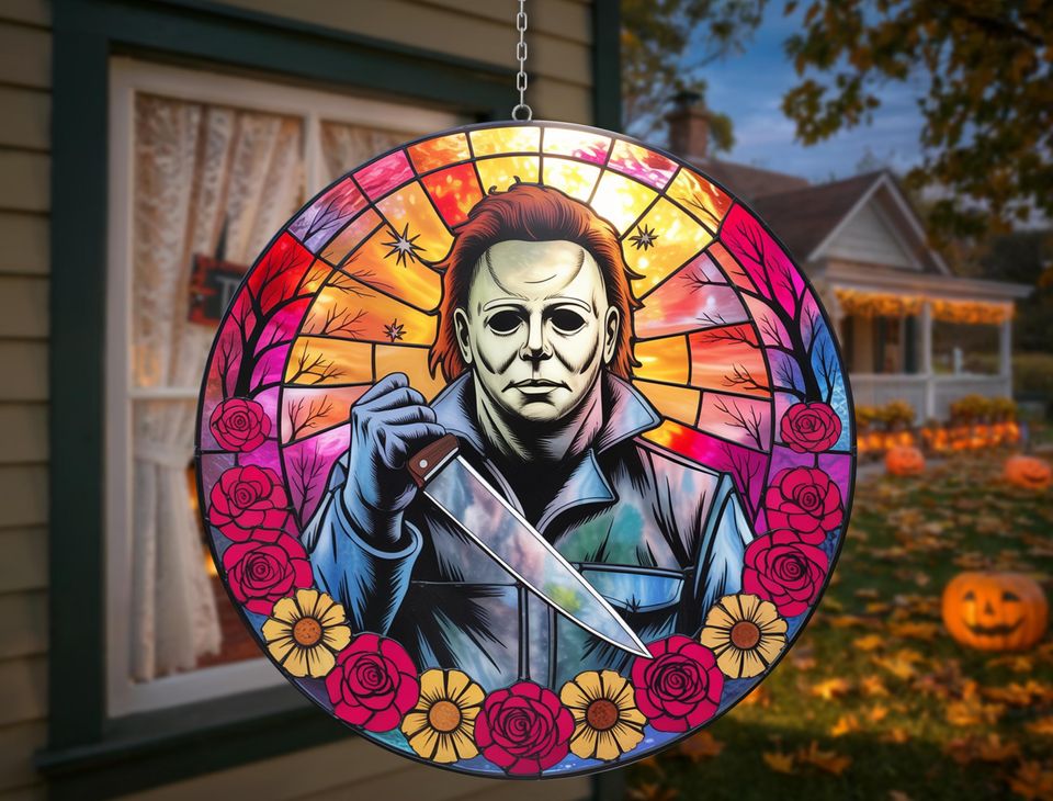 Creepy Masked Figure Stained Glass Suncatcher  Spooky Halloween Window Hanging  Horror Knife Art with Floral Details
