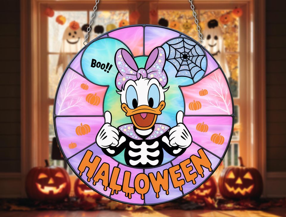 Cute Daisy Duck Halloween Suncatcher | Skeleton Costume Window Decor | Fall Cartoon Boo Ornament for Spooky Season