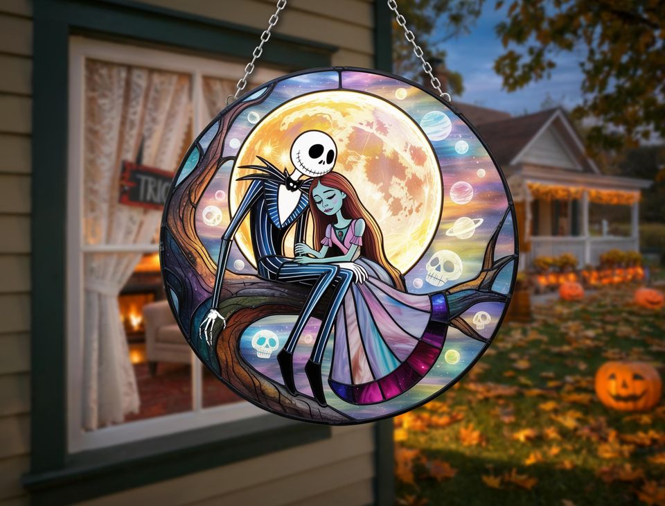 Gothic Moonlight Couple Suncatcher  Spooky Romance Window Hanging  Halloween Night Glass Art  Eerie Fall Home Decor