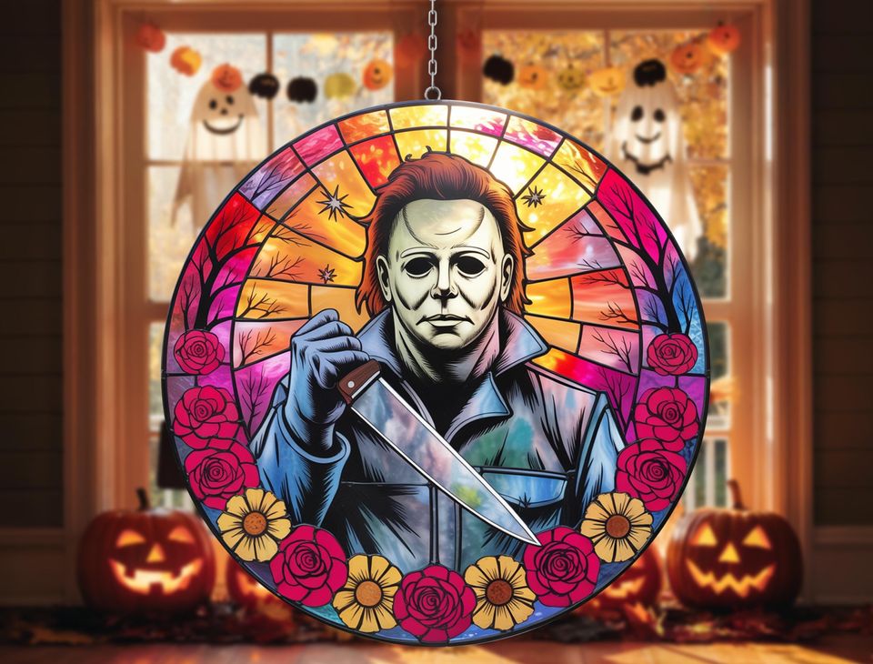 Creepy Masked Figure Stained Glass Suncatcher  Spooky Halloween Window Hanging  Horror Knife Art with Floral Details