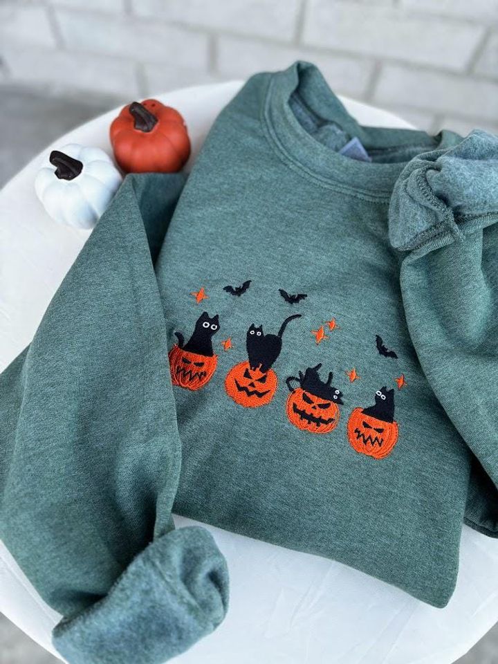 EMBROIDERED Black Cat Sweatshirt, Pumpkin Jack O' Lantern, Cat Ghost Shirt