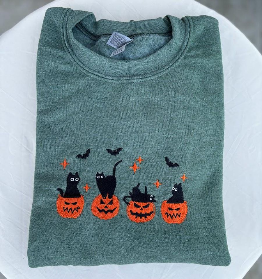 EMBROIDERED Black Cat Sweatshirt, Pumpkin Jack O' Lantern, Cat Ghost Shirt