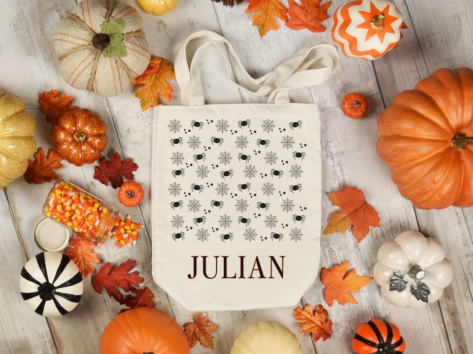 Custom Trick or Treat Bag | Halloween Trick or Treat Tote Bag | Spooky Spider Name Tote | Personalized Trick or Treat Bucket