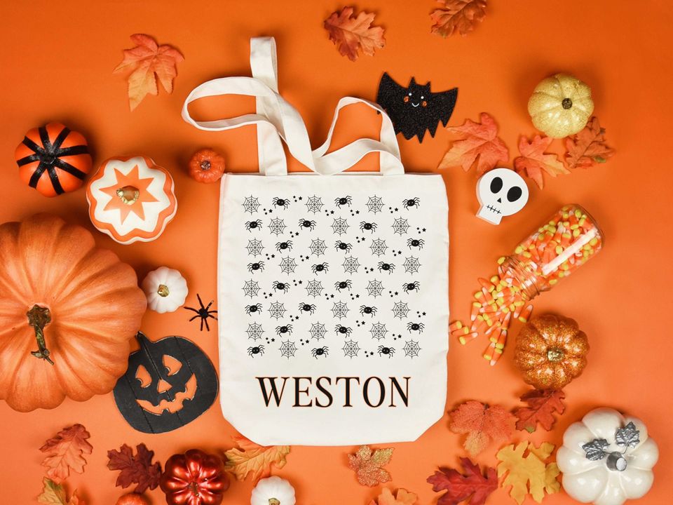 Custom Trick or Treat Bag | Halloween Trick or Treat Tote Bag | Spooky Spider Name Tote | Personalized Trick or Treat Bucket
