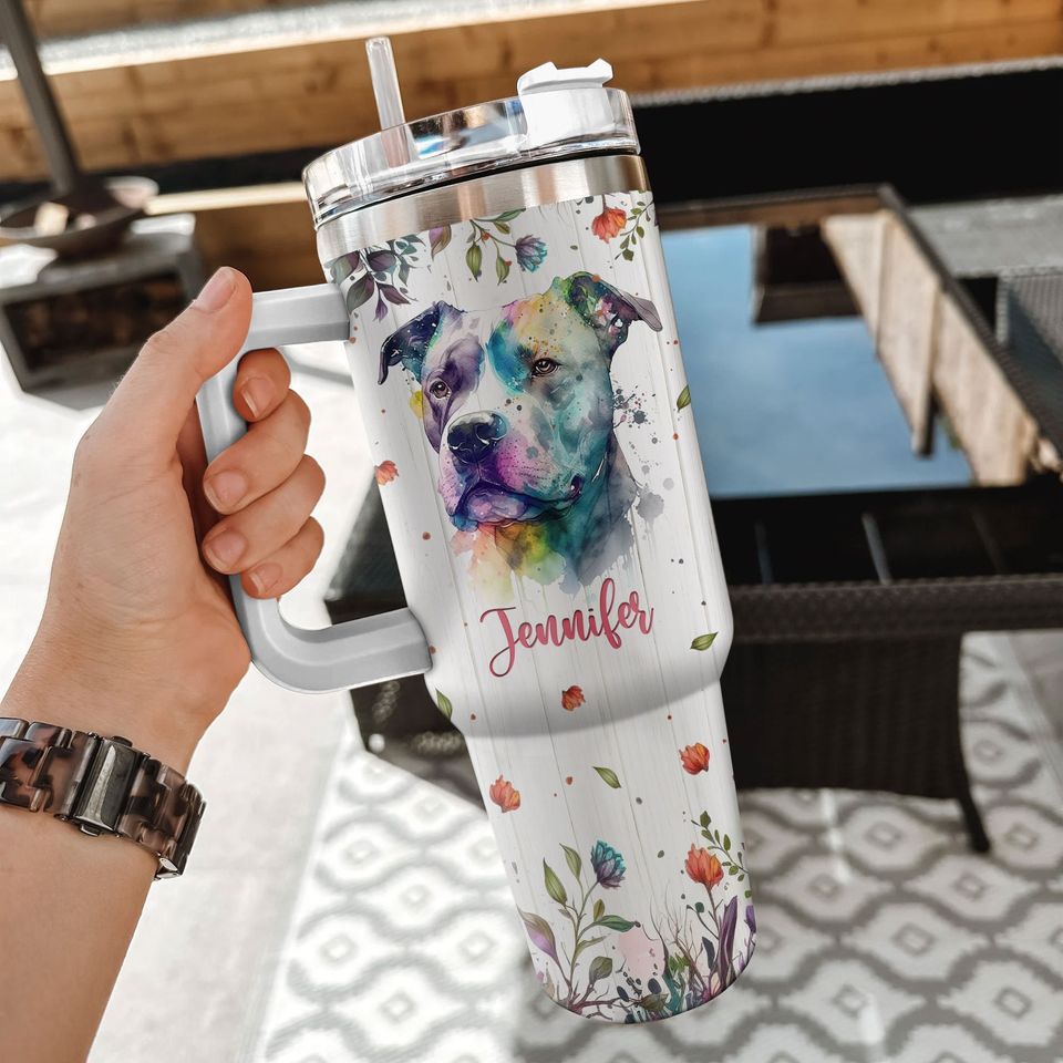 Personalized Pitbull Dog 40oz Tumbler with Handle: Pet Lover Gift