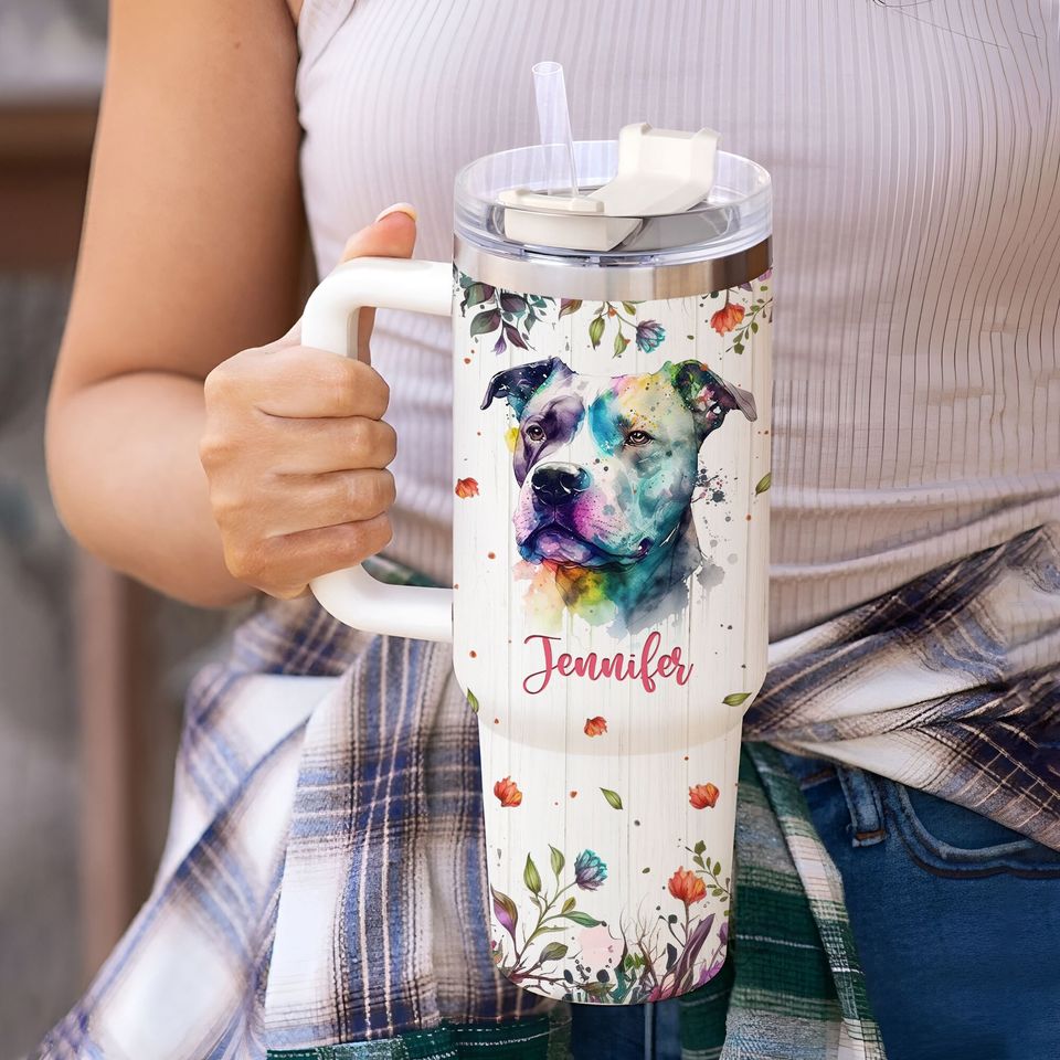 Personalized Pitbull Dog 40oz Tumbler with Handle: Pet Lover Gift