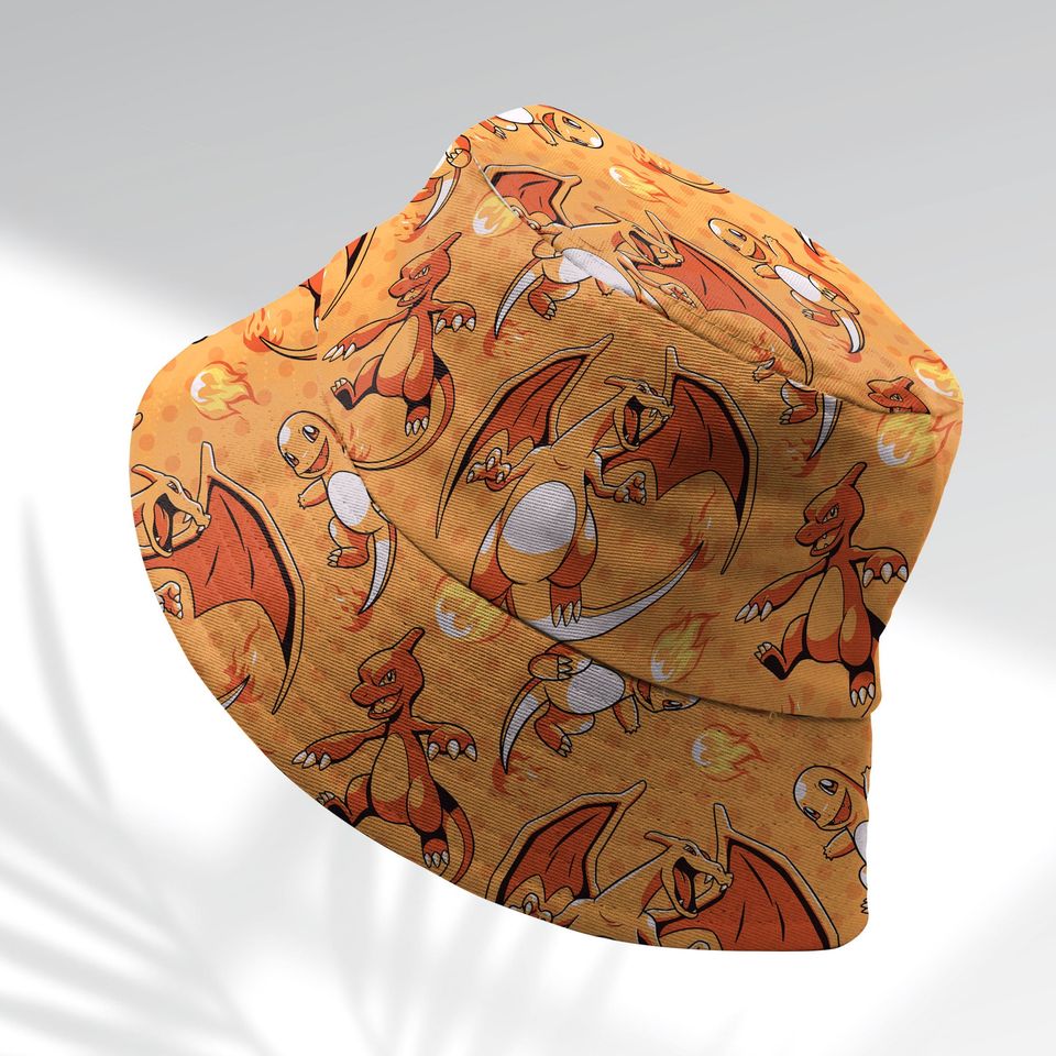 Charmander Evolution Bucket Hat, Cute Fire Type Summer Beach Hat, Charizard Bucket, Manga Gifts